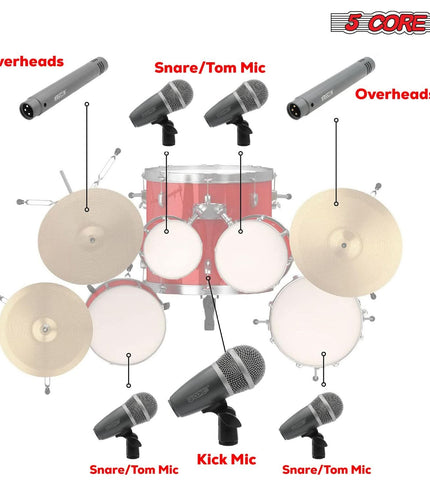5Core Drum Mic Kit 9 Pcs Kick BassTom Snare Dynamic Mics Instrument Microphone Set GREY-1