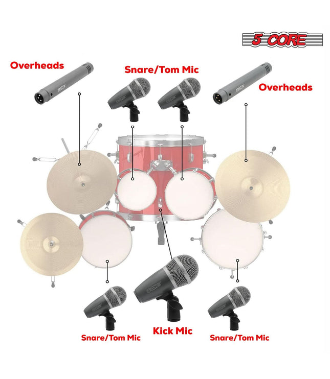 5Core Drum Mic Kit 9 Pcs Kick BassTom Snare Dynamic Mics Instrument Microphone Set GREY-1