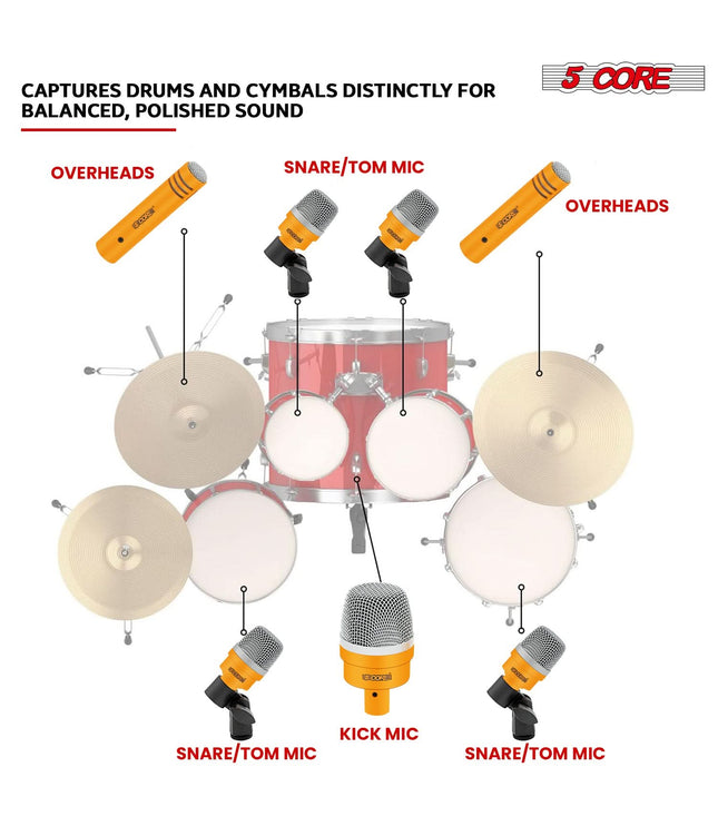 5Core Drum Mic Kit 7 Pcs Kick BassTom Snare Dynamic Microphone Instrument Mics Set Yellow-1