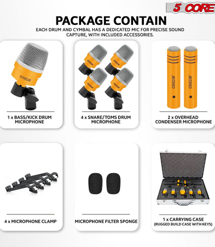 5Core Drum Mic Kit 7 Pcs Kick BassTom Snare Dynamic Microphone Instrument Mics Set Yellow-3