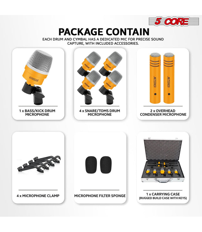 5Core Drum Mic Kit 7 Pcs Kick BassTom Snare Dynamic Microphone Instrument Mics Set Yellow-3