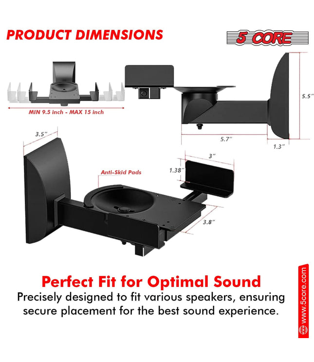 5Core Speaker Wall Mount Adjustable Swivel 15 Inch Space Bookshelf Brackets Pair-4