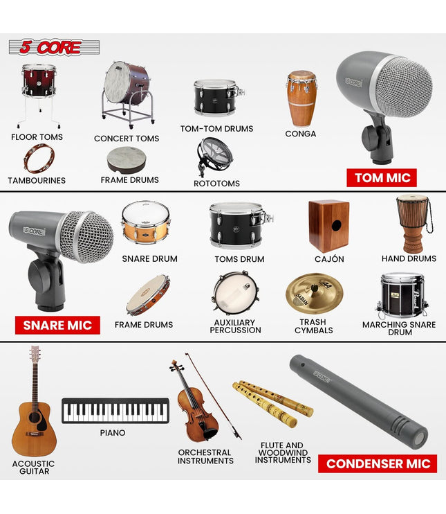 5Core Conga Mic Snare Tom Microphone Drum Kit Condenser XLR Instrument Mics GREY-2