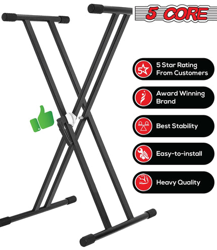 5Core Keyboard Stand Double X Style Adjustable Piano Riser For 49 To 88 Keys + Gear-3