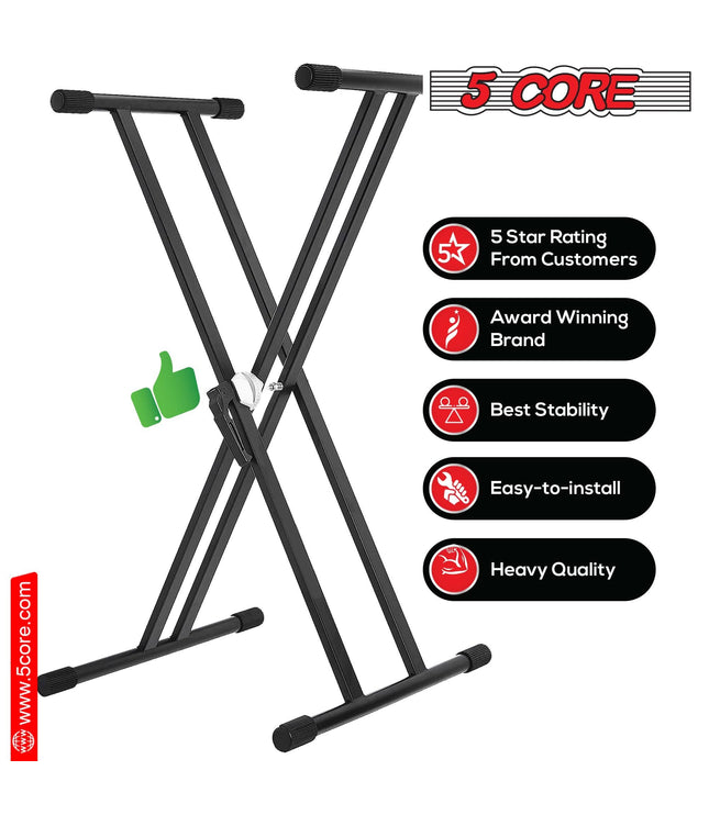 5Core Keyboard Stand Double X Style Adjustable Piano Riser For 49 To 88 Keys + Gear-3