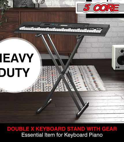 5Core Keyboard Stand Double X Style Adjustable Piano Riser For 49 To 88 Keys + Gear-4