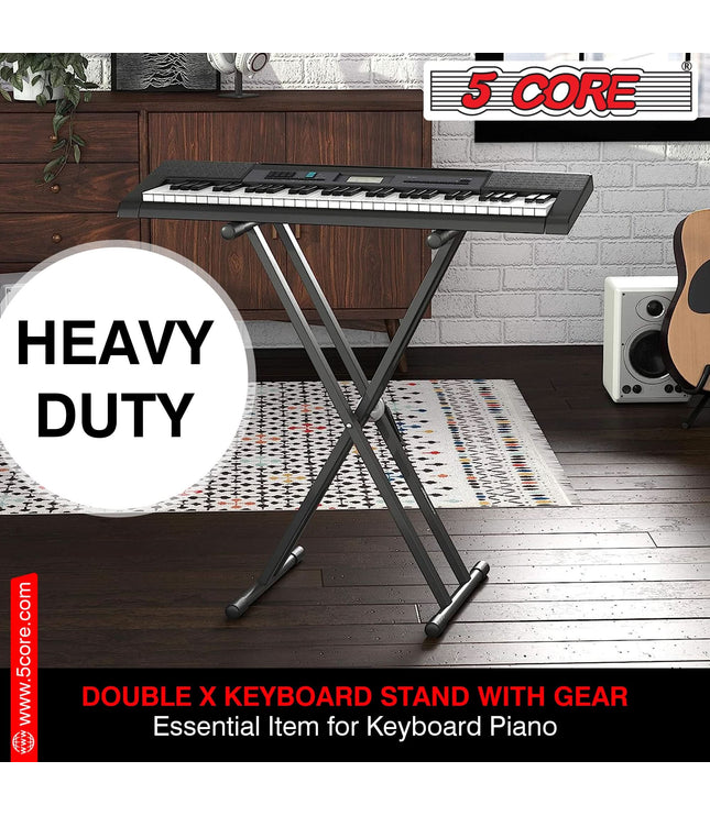 5Core Keyboard Stand Double X Style Adjustable Piano Riser For 49 To 88 Keys + Gear-4