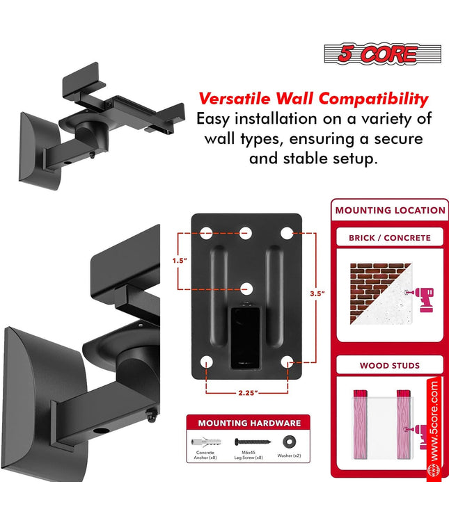 5Core Speaker Wall Mount Adjustable Swivel 15 Inch Space Bookshelf Brackets Pair-1