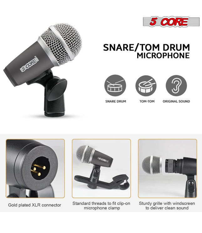 5Core Drum Mic Kit 9 Pcs Kick BassTom Snare Dynamic Mics Instrument Microphone Set GREY-3