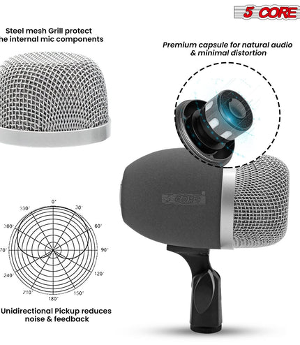 5 Core Kick Drum Microphone Cardioid Dynamic Bass Mic Swivel Adjustable Durable Steel Mesh Grille-1