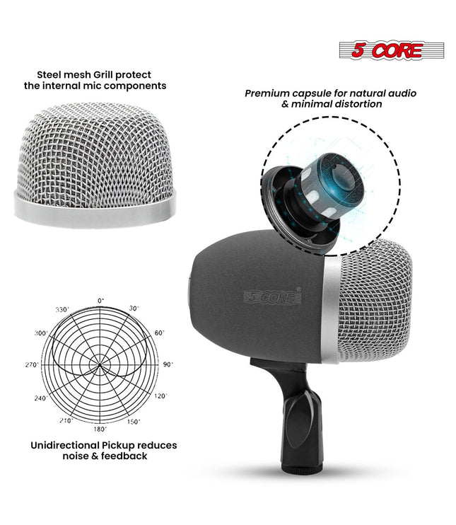 5 Core Kick Drum Microphone Cardioid Dynamic Bass Mic Swivel Adjustable Durable Steel Mesh Grille-1
