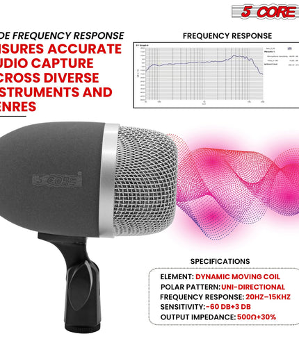 5 Core Kick Drum Microphone Cardioid Dynamic Bass Mic Swivel Adjustable Durable Steel Mesh Grille-2