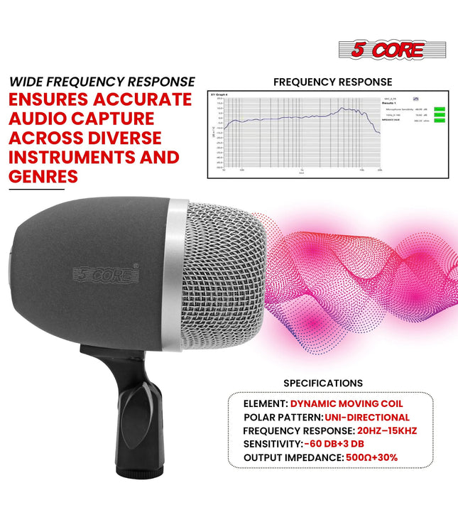 5 Core Kick Drum Microphone Cardioid Dynamic Bass Mic Swivel Adjustable Durable Steel Mesh Grille-2