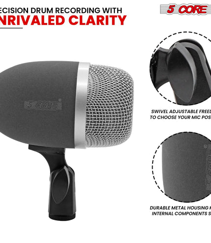 5 Core Kick Drum Microphone Cardioid Dynamic Bass Mic Swivel Adjustable Durable Steel Mesh Grille-3