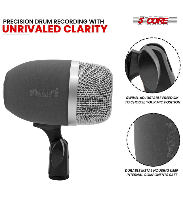 5 Core Kick Drum Microphone Cardioid Dynamic Bass Mic Swivel Adjustable Durable Steel Mesh Grille-3