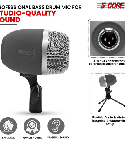 5 Core Kick Drum Microphone Cardioid Dynamic Bass Mic Swivel Adjustable Durable Steel Mesh Grille-4