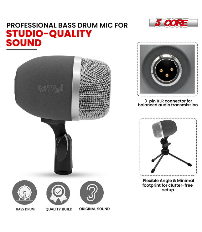5 Core Kick Drum Microphone Cardioid Dynamic Bass Mic Swivel Adjustable Durable Steel Mesh Grille-4
