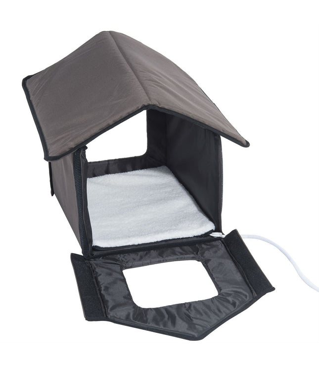 Heated Outdoor Cat House with Lamb Wool Padded Cats Bed in Brown-0