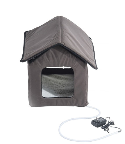 Heated Outdoor Cat House with Lamb Wool Padded Cats Bed in Brown-2