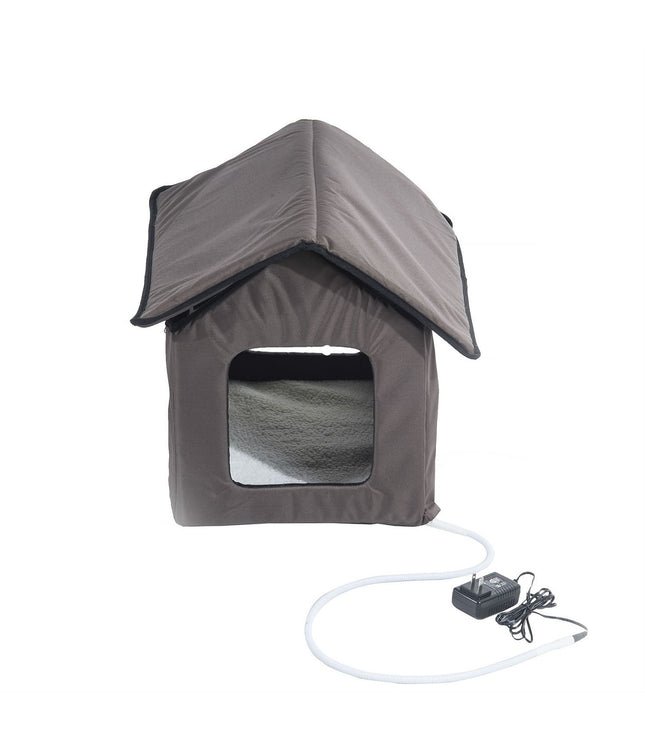 Heated Outdoor Cat House with Lamb Wool Padded Cats Bed in Brown-2