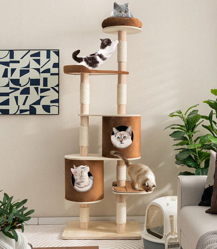 6-Tier Wooden Cat Tree with 2 Removeable Condos Platforms and Perch-Brown-2