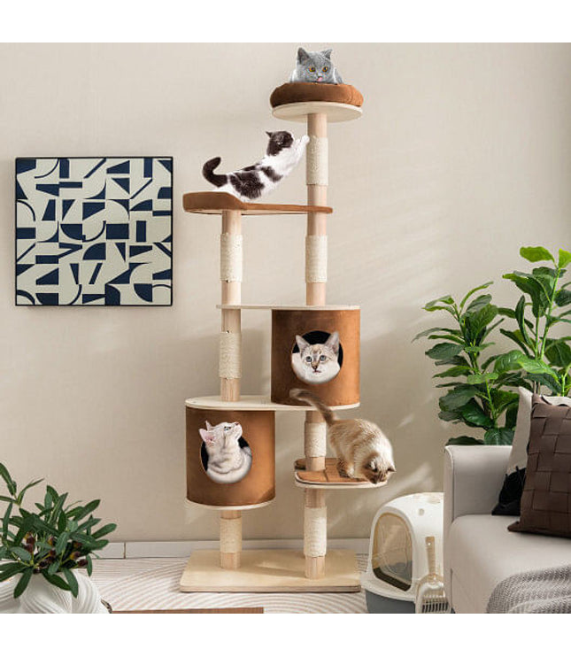 6-Tier Wooden Cat Tree with 2 Removeable Condos Platforms and Perch-Brown-2