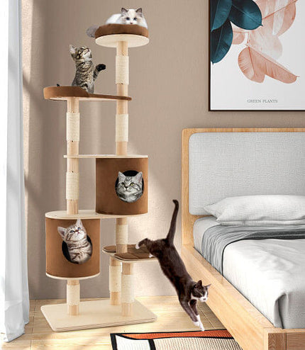 6-Tier Wooden Cat Tree with 2 Removeable Condos Platforms and Perch-Brown-4