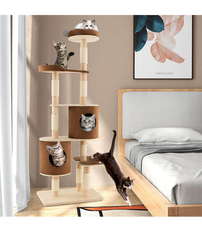 6-Tier Wooden Cat Tree with 2 Removeable Condos Platforms and Perch-Brown-4