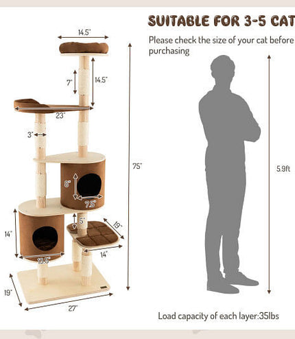 6-Tier Wooden Cat Tree with 2 Removeable Condos Platforms and Perch-Brown-5