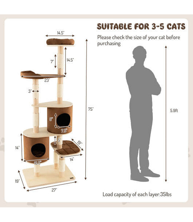 6-Tier Wooden Cat Tree with 2 Removeable Condos Platforms and Perch-Brown-5