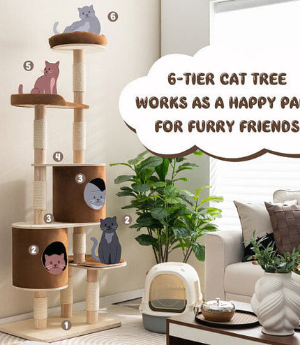 6-Tier Wooden Cat Tree with 2 Removeable Condos Platforms and Perch-Brown-3