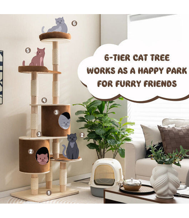 6-Tier Wooden Cat Tree with 2 Removeable Condos Platforms and Perch-Brown-3