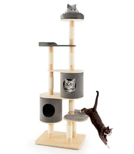 6-Tier Wooden Cat Tree with 2 Removeable Condos Platforms and Perch-Brown-1