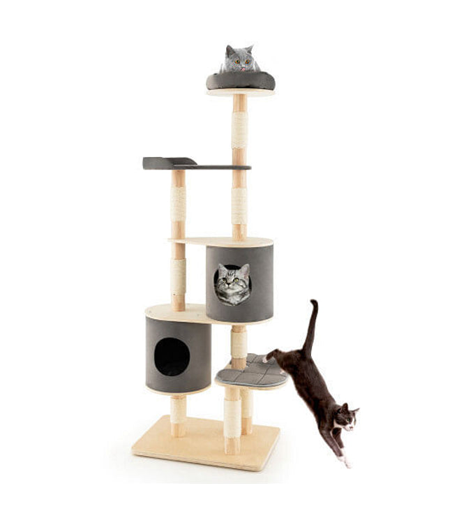 6-Tier Wooden Cat Tree with 2 Removeable Condos Platforms and Perch-Brown-1